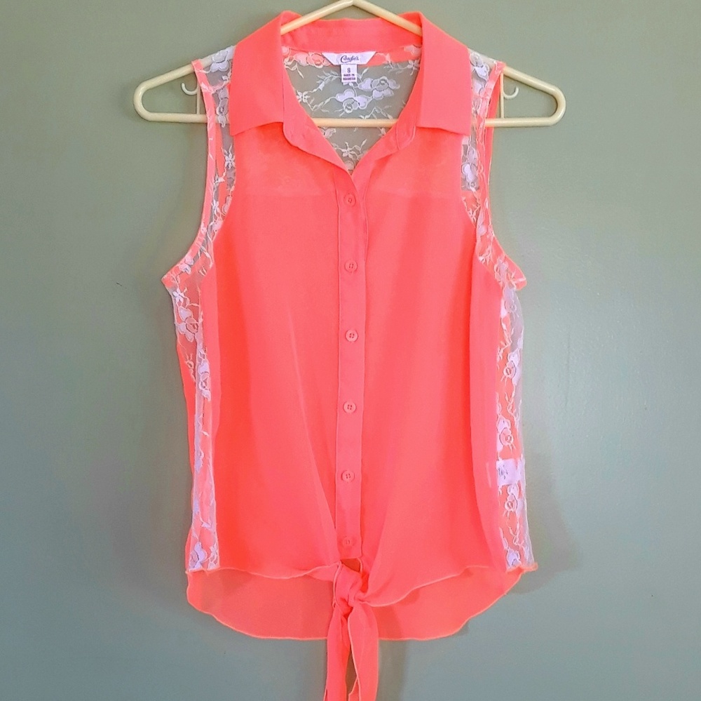 Sheer sleeveless button down top in neon shrimp